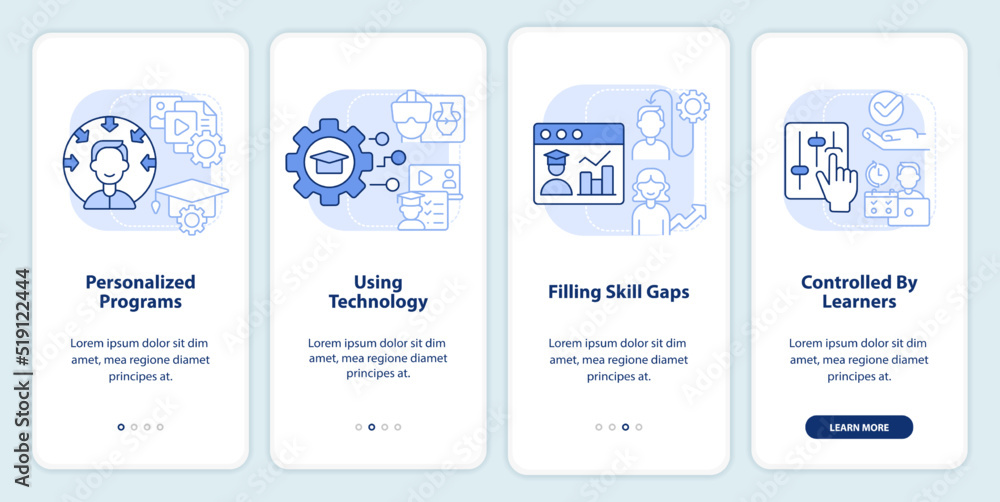 Microlearning methods light blue onboarding mobile app screen. Walkthrough 4 steps editable graphic instructions with linear concepts. UI, UX, GUI template. Myriad Pro-Bold, Regular fonts used
