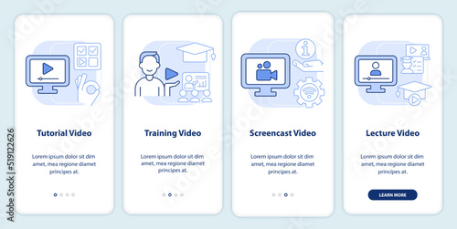 Microtraining video types light blue onboarding mobile app screen. Walkthrough 4 steps editable graphic instructions with linear concepts. UI, UX, GUI template. Myriad Pro-Bold, Regular fonts used