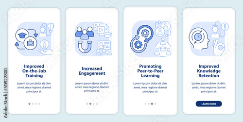 Microlearning pros light blue onboarding mobile app screen. Walkthrough 4 steps editable graphic instructions with linear concepts. UI, UX, GUI template. Myriad Pro-Bold, Regular fonts used
