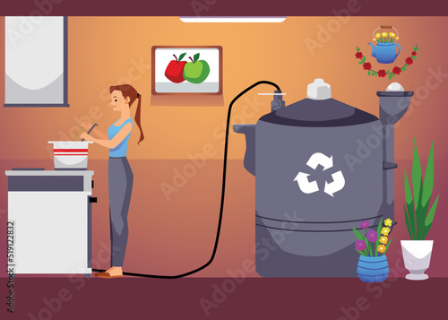 Young woman using biogas in home flat style, vector illustration