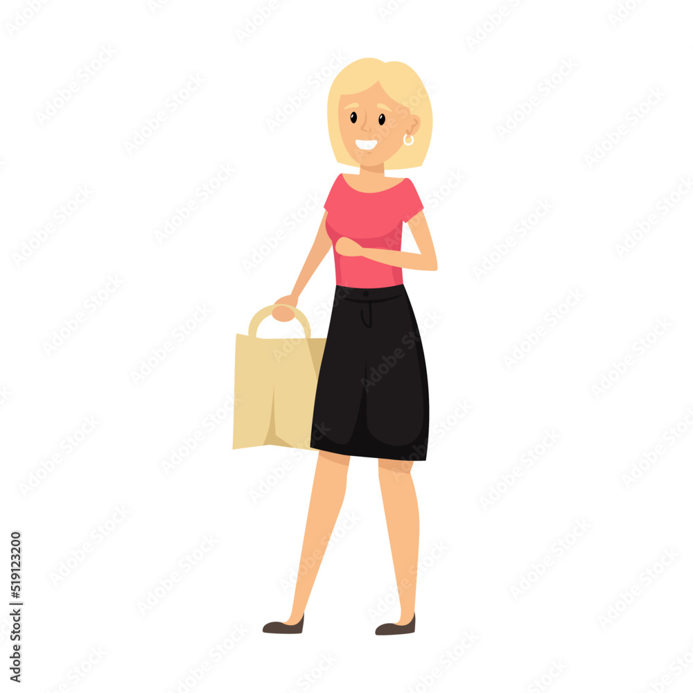 Woman with shopper bag doing shopping, isolated on white background. Vector illustration.	