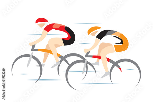 Two sport road cyclists,  full speed. 
Two racing cyclists. Colorful stylized illustration, isolated on white background. Vector available.