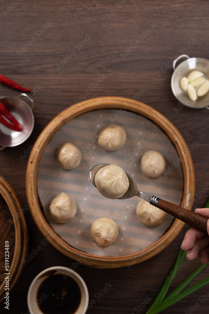 Steamed pork soup dumplings named Xiao long bao xiaolongbao in Taiwan.