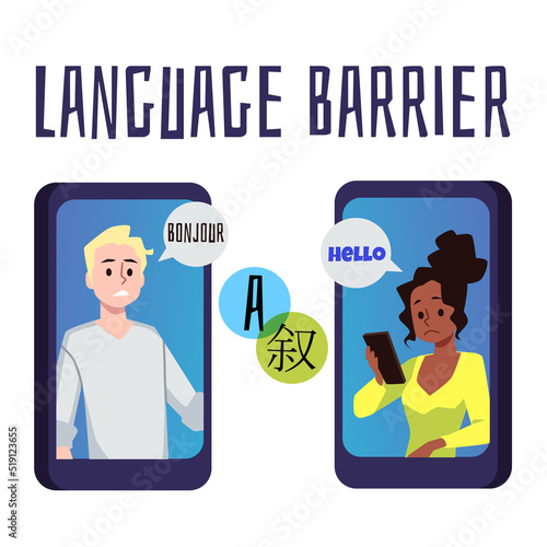 Language barrier banner, flat vector illustration isolated on white background.