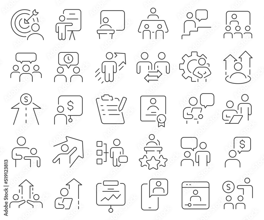 Business training line icons collection. Thin outline icons pack. Vector illustration eps10 Business training line icons collection. Thin outline icons pack. Vector illustration eps10