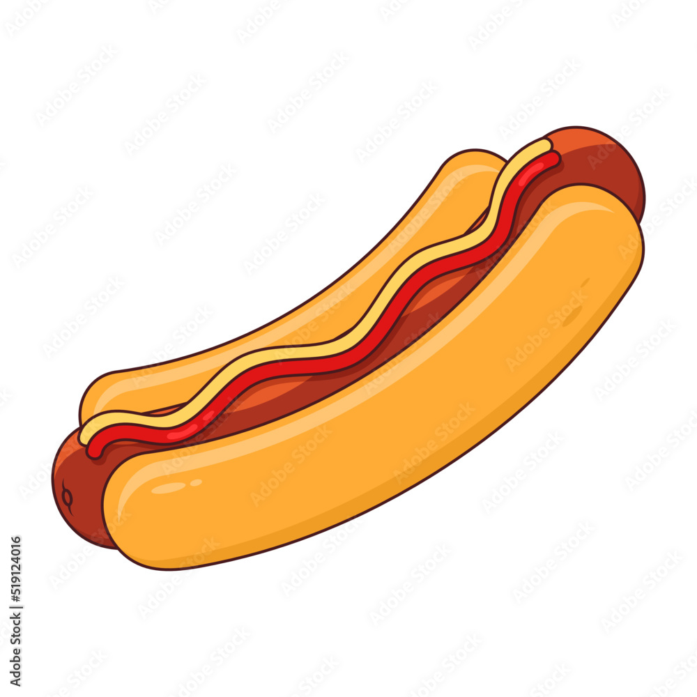 Delicious hotdog in a bun with a stroke on white background