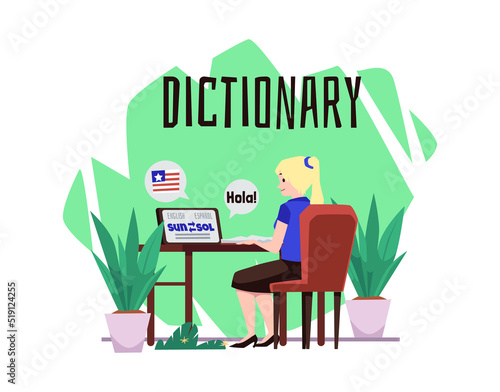 Blonde young woman learning language online flat style, vector illustration