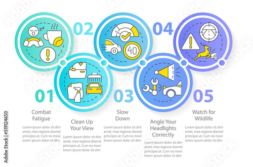 Driving safety at night blue round infographic template. Data visualization with 5 steps. Editable timeline info chart. Workflow layout with line icons. Myriad Pro-Regular font used © bsd studio