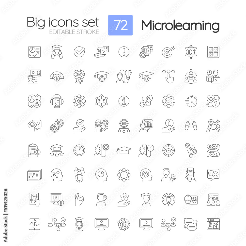 Microlearning linear icons set. Technology use. Delivering highly effective learning. Customizable thin line symbols. Isolated vector outline illustrations. Editable stroke. Quicksand-Light font used