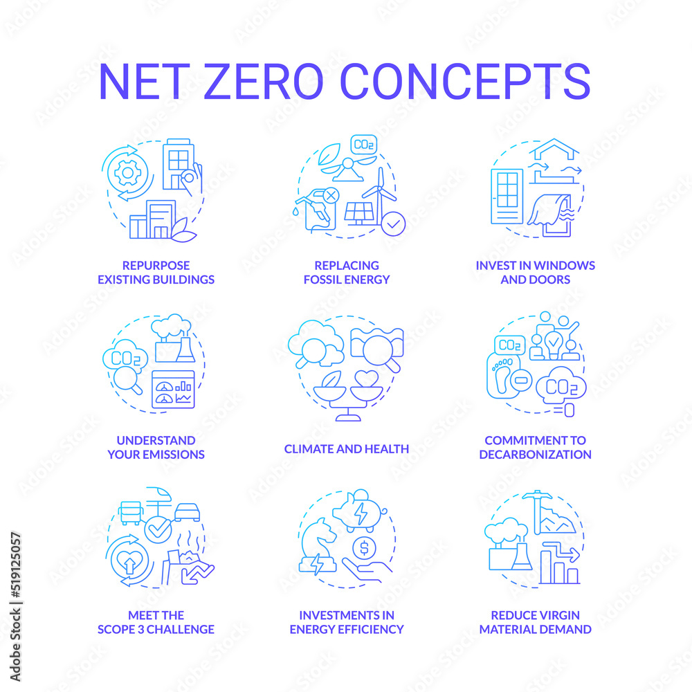Net zero blue gradient concept icons set. Reducing pollution process. Carbon removal idea thin line color illustrations. Isolated symbols. Roboto-Medium, Myriad Pro-Bold fonts used Net zero blue gradient concept icons set. Reducing pollution process. Carbon removal idea thin line color illustrations. Isolated symbols. Roboto-Medium, Myriad Pro-Bold fonts used
