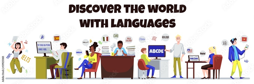 Fototapeta premium Language learning and communication banner template flat vector illustration.