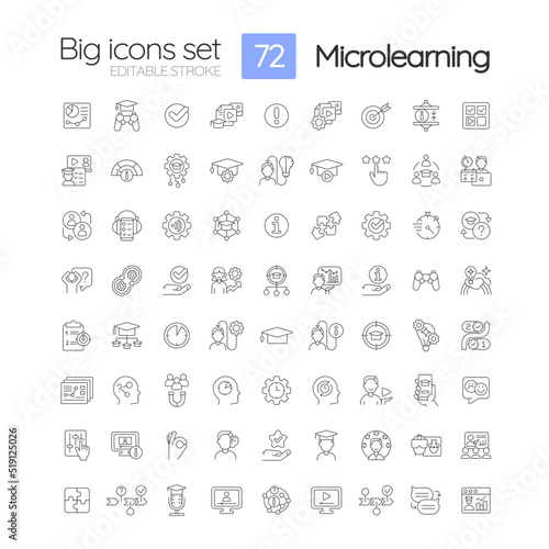 Microlearning linear icons set. Technology use. Delivering highly effective learning. Customizable thin line symbols. Isolated vector outline illustrations. Editable stroke. Quicksand-Light font used
