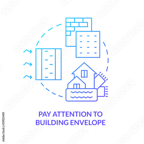 Pay attention to building envelope blue gradient concept icon. Smart construction. Net zero design approach abstract idea thin line illustration. Isolated outline drawing. Myriad Pro-Bold fonts used