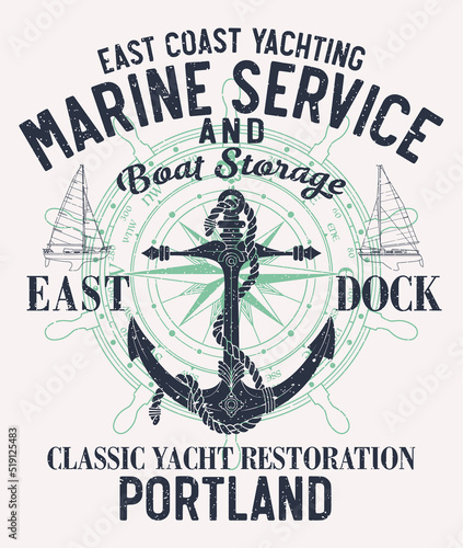 Yacht and sailing boat marine service vintage nautical vector artwork for kid boy t shirt grunge effect in separate layer