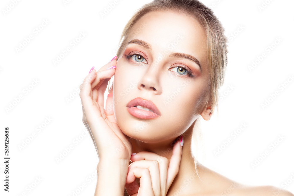 Beauty woman face, apply cream with hands, makeup, clean skin Beauty woman face, apply cream with hands, makeup, clean skin