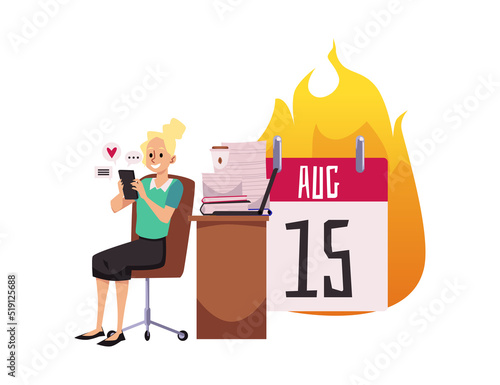 Office worker misses deadlines and procrastinates, vector illustration isolated.
