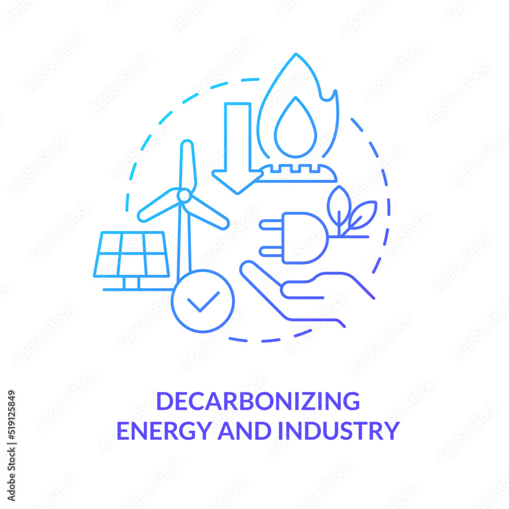 Decarbonizing energy and industry blue gradient concept icon. Renewable sources. Global net zero goal abstract idea thin line illustration. Isolated outline drawing. Myriad Pro-Bold fonts used