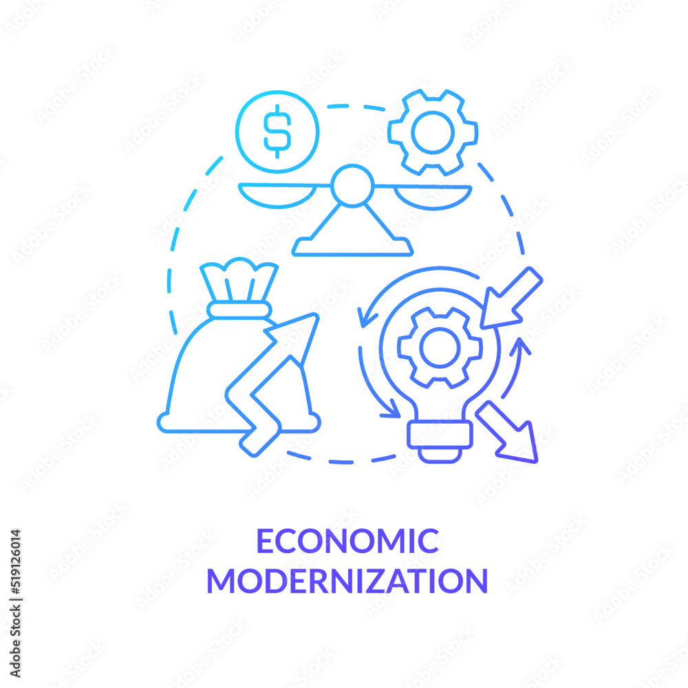 Economic modernization blue gradient concept icon. Electrification of buildings. Net zero practice abstract idea thin line illustration. Isolated outline drawing. Myriad Pro-Bold fonts used