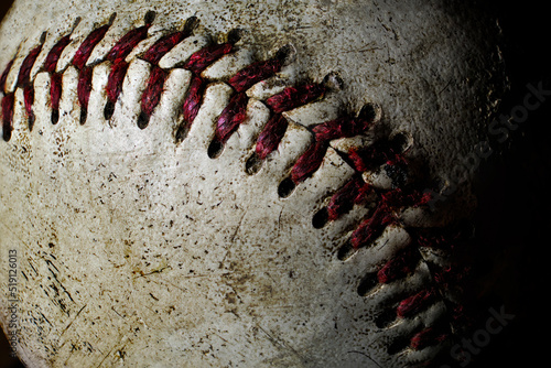 Atmospheric photo of an old baseball. Detailed closeup showing marks from a lot of use in extreme detail