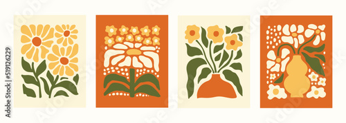 Abstract botanical set posters with various blossom groovy flowers. Naive art decor. Trendy hand drawn vector illustration