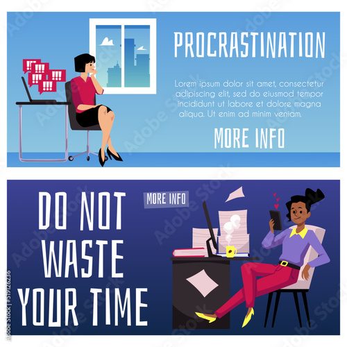 Procrastination and time wasting banners set, flat vector illustration.