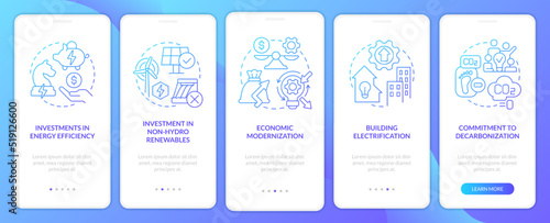Net zero practices blue gradient onboarding mobile app screen. Organization walkthrough 5 steps graphic instructions with linear concepts. UI, UX, GUI template. Myriad Pro-Bold, Regular fonts used