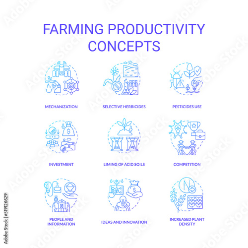 Farming productivity blue gradient concept icons set. Agribusiness. Planting and cultivation idea thin line color illustrations. Isolated symbols. Roboto-Medium, Myriad Pro-Bold fonts used
