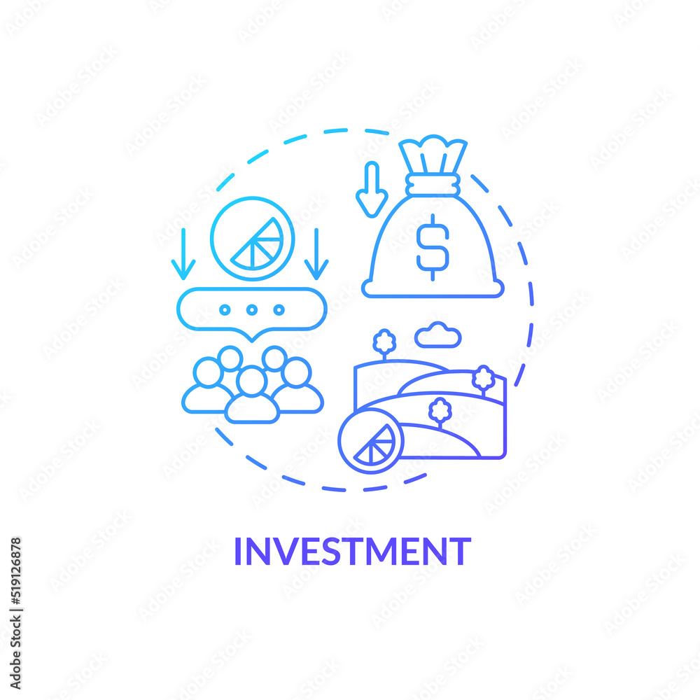 Investment blue gradient concept icon. Buying property. Wider farming business environment abstract idea thin line illustration. Isolated outline drawing. Myriad Pro-Bold font used Investment blue gradient concept icon. Buying property. Wider farming business environment abstract idea thin line illustration. Isolated outline drawing. Myriad Pro-Bold font used