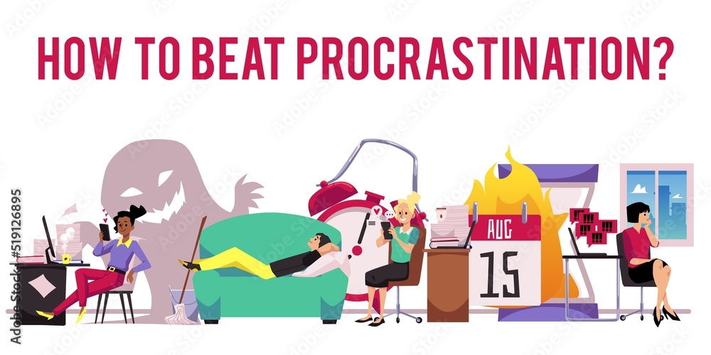 Procrastination poster template with people at workplace, flat vector illustration. Procrastination poster template with people at workplace, flat vector illustration.