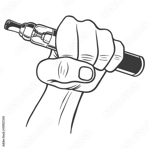 Hand holding Vape or E-Cigarette. Vaporizer Symbol in Cartoon illustration Vector on white background