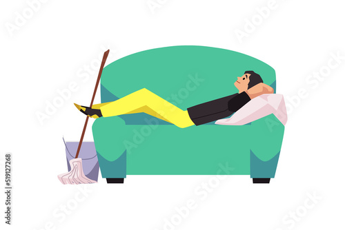 Lazy man laying on couch during cleaning and washing floors, flat vector illustration isolated on white background.