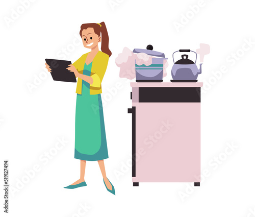 Woman distracted by tablet while cooking, flat vector illustration isolated on white background.