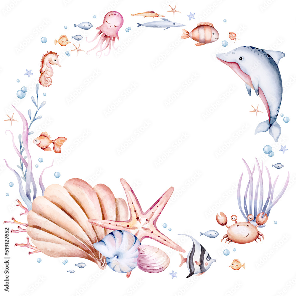 frame of sea animals. Blue watercolor ocean fish wreath, turtle, whale and coral. Shell aquarium mermaid submarine. Nautical dolphin marine illustration, jellyfish, starfish