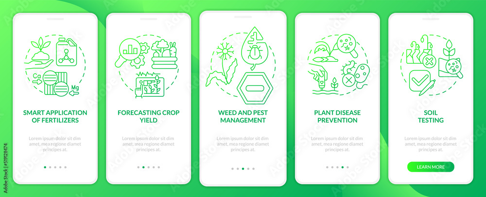 Increased crop yield green gradient onboarding mobile app screen. Agribusiness walkthrough 5 steps graphic instructions with linear concepts. UI, UX, GUI template. Myriad Pro-Bold, Regular fonts used