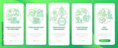 Increased crop yield green gradient onboarding mobile app screen. Agribusiness walkthrough 5 steps graphic instructions with linear concepts. UI, UX, GUI template. Myriad Pro-Bold, Regular fonts used
