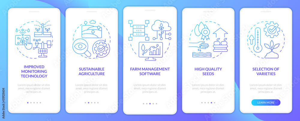 Increase agribusiness productivity blue gradient onboarding mobile app screen. Walkthrough 5 steps graphic instructions with linear concepts. UI, UX, GUI template. Myriad Pro-Bold, Regular fonts used