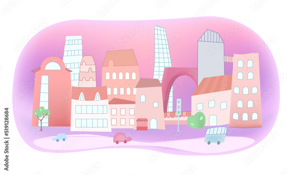 Modern city with skyscrapers. Cars in the town. Green traffic light. Vector art