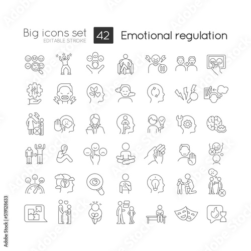 Emotional regulation linear icons set. Control and manage feelings. Mental health. Customizable thin line symbols. Isolated vector outline illustrations. Editable stroke. Quicksand-Light font used