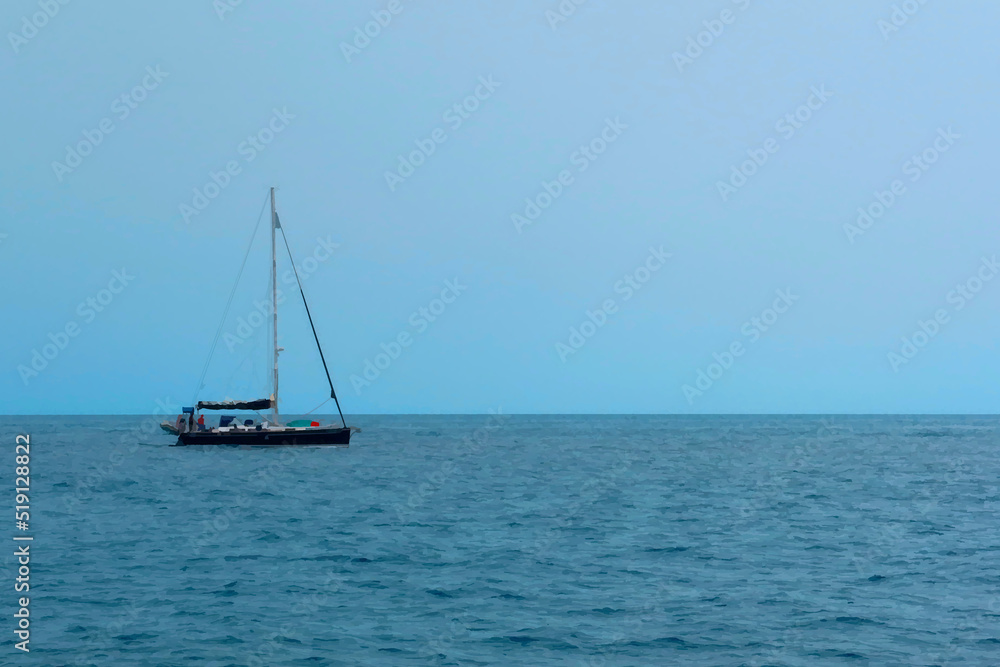 Single sailboat on the sea or ocean waters. Digital illustration