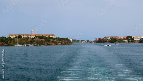 Mahon (Mao), Minorca (Menorca), Spain. Port of Mahon - the largest natural port in the Mediterranean Sea. Hospital Island (spanish: Illa del Rei - Illa de l'Hospital). View from the cruise ship