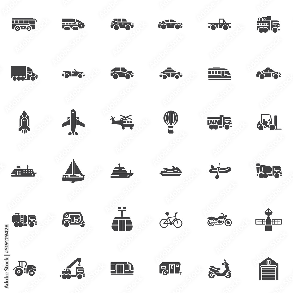 Transportation, vehicle vector icons set Transportation, vehicle vector icons set