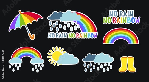 Rainy weather sticker set. No Rain No Rainbow Quote Lettering. Monsoon weather elements. Hand drawn vector illustration