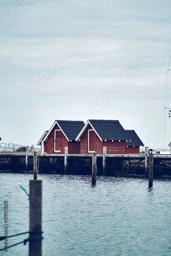 Tiny red houses at the Harbour of Struer, Denmark.