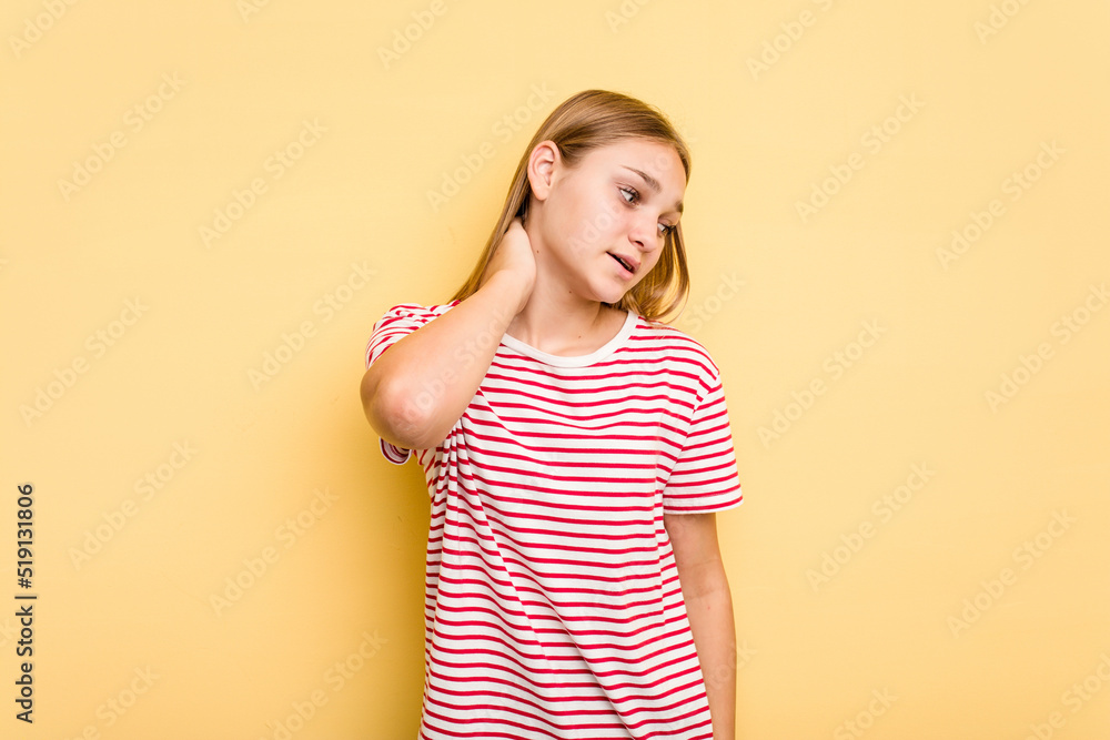 Young caucasian girl isolated on yellow background suffering neck pain due to sedentary lifestyle. Young caucasian girl isolated on yellow background suffering neck pain due to sedentary lifestyle.