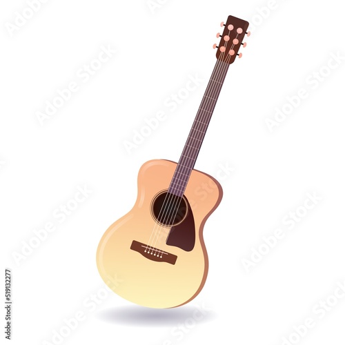 Dreadnought guitar in light brown color. Acoustics. Musical instrument in cartoon style. Stage entertainment equipment for musicians. Colorful vector art isolated on white background.