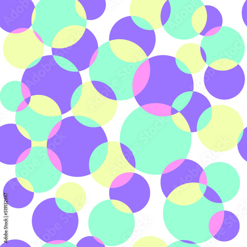Colorful intersecting сircles seamless pattern. Violet, yellow, blue and pink circles on white background. Vector illustration.