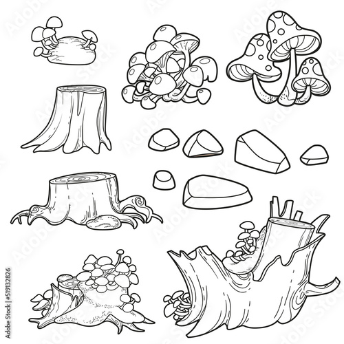 Set for decoration hemp, mushrooms, stones, moss outlined for coloring page isolated on white background