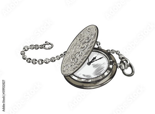 Hand drawn colorful opened pocket watch on chain sketch style