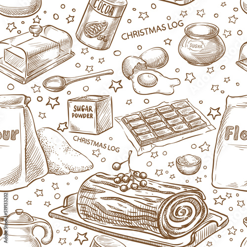 Christmas baking vector seamless. Ingredients. Christmas log. France