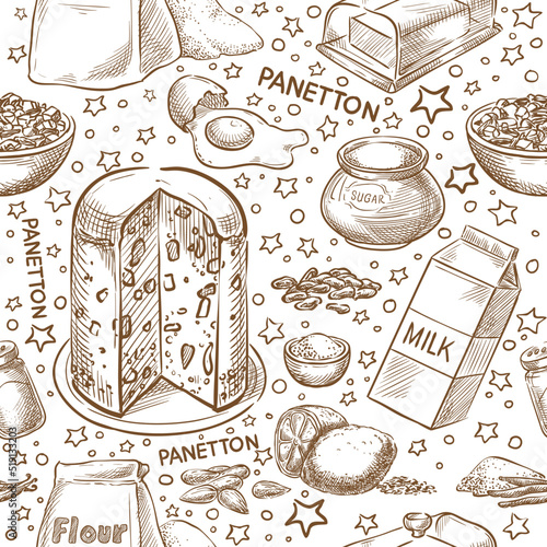Christmas baking vector seamless. Ingredients. Panetton. Italy